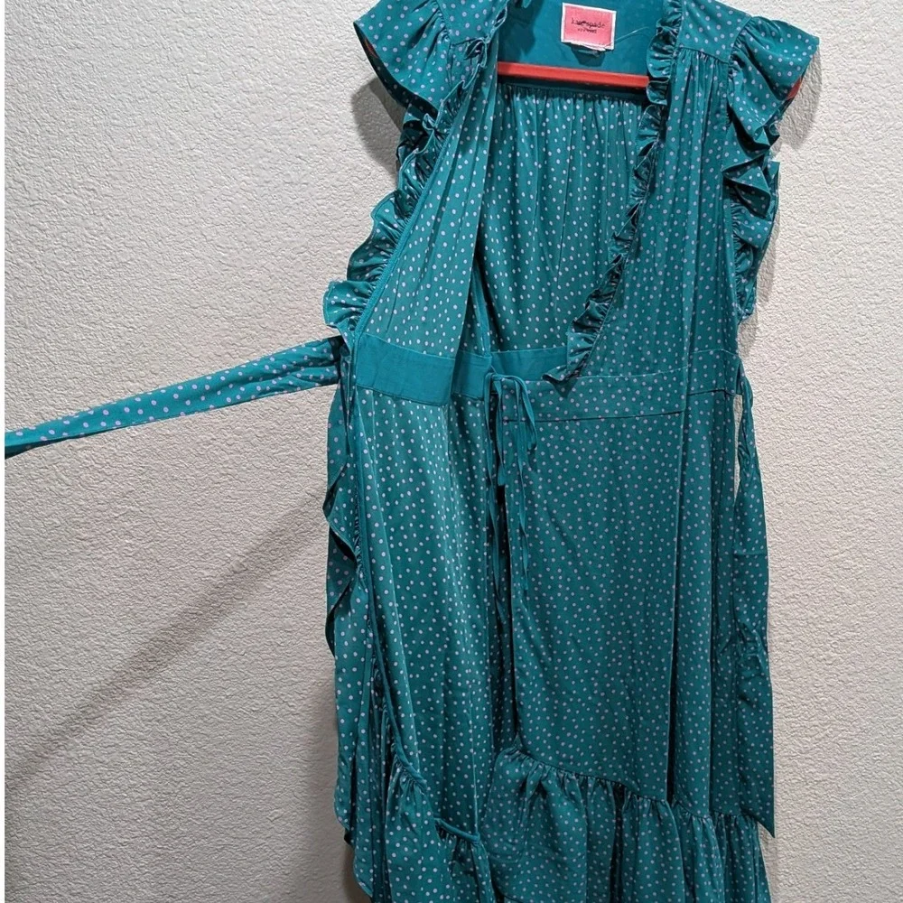 Kate Spade Polka Dot Ruffle Wrap Midi Dress 4 Poolside Green Pink Belted